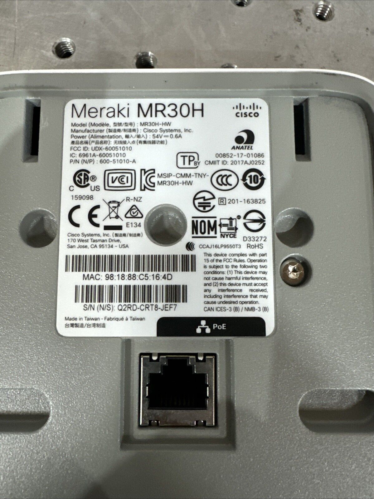 Cisco Meraki MR30H Wireless Access Point 4 Port Cloud Managed