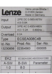 Lenze ECSEA008C4B Achsmodul IMac = 8.0A Servo Drive