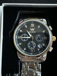 OLEVS Mens Watch Triple Dial, Black Face, Gold/Stainless Steel Band, Diamond