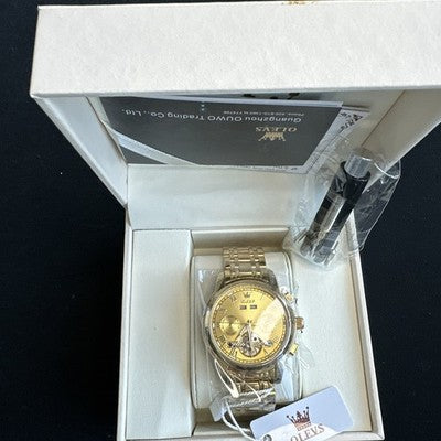 Olevs Mens Luxury Watch Skeleton, Day Date, Gold Band, Gold Dial