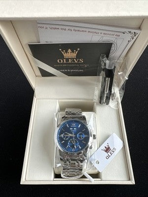 Olevs Mens Luxury Watch Moon Phase, Silver Band, Blue Dial