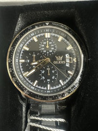 OLEVS Mens Tachymeter Watch Black Face, Black Band, Day Date, Quartz