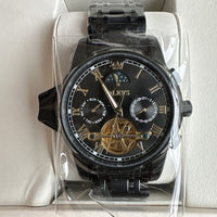 Olevs Mens Luxury Watch Skeleton, Moon Phase, Black Band, Black Dial