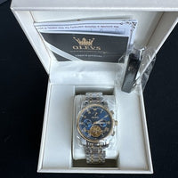 Olevs Mens Luxury Watch Skeleton, Moon Phase, Silver/Gold Band, Blue Dial