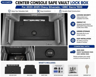 Center Console Safe Box Fits 2023-2025 Chevy Silverado GMC Sierra Kit