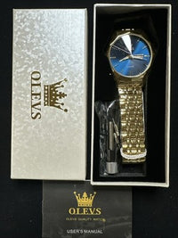 OLEVS Mens Watch Blue Face, Gold Band, Day Date, Quartz