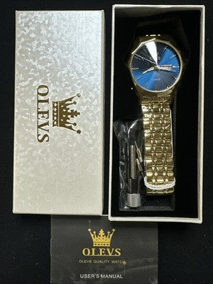 OLEVS Mens Watch Blue Face, Gold Band, Day Date, Quartz