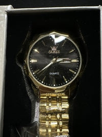 OLEVS Mens Watch Black Face, Gold Band, Day Date, Quartz