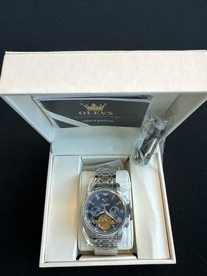 Olevs Mens Luxury Watch Skeleton, Moon Phase, Silver Band, Blue Dial