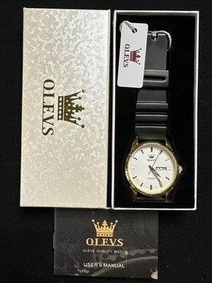 OLEVS Mens Watch White Face, Black Rubber Band, Day Date, Quartz