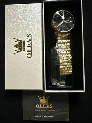 OLEVS Mens Watch Black Face, Gold Band, Day Date, Quartz