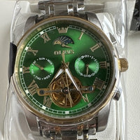 Olevs Mens Luxury Watch Skeleton, Moon Phase, Silver/Gold Band, Green Dial