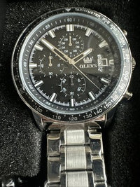 OLEVS Mens Tachymeter Watch Black Face, Silver Band, Day Date, Quartz