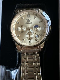 OLEVS Mens Watch Triple Dial, Gold Face, Gold Band, Diamond, Waterproof
