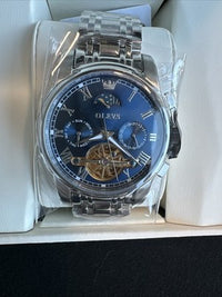 Olevs Mens Luxury Watch Skeleton, Moon Phase, Silver Band, Blue Dial