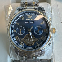 Olevs Mens Luxury Watch Skeleton, Day Date, Silver/Gold Band, Blue Dial