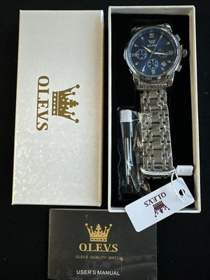 OLEVS Mens Watch Triple Dial, Blue Face, Stainless Steel Band, Diamond