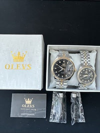 OLEVS Quartz Couple Pair Black Dial With Diamond, Stainless Steel, Waterproof