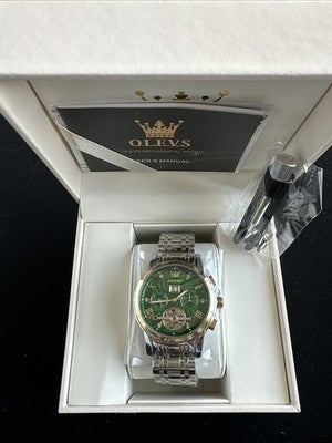 Olevs Men’s Watch Skeleton 5 Hands Gold/Silver Band, Green Dial