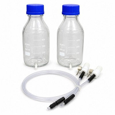 Lab Aspirator Bottles 500mL GL45 Vented Caps w/ Tubing Valves (2) w/ Holder Rack