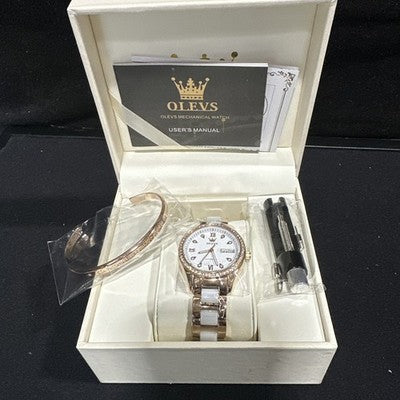 OLEVS Woman's Ceramics Band Zircon Case Day Auto Mechanical Wrist Watches White