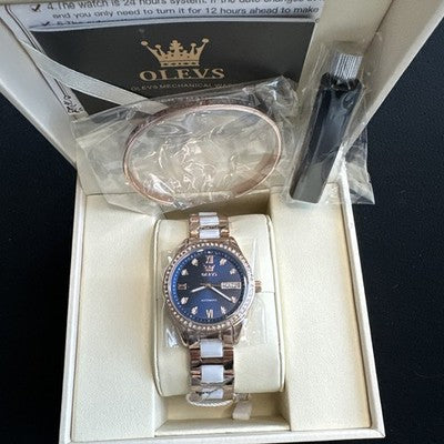 OLEVS Woman's Ceramics Band Zircon Case Day Auto Wrist Watches Blue Dial