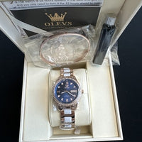 OLEVS Woman's Ceramics Band Zircon Case Day Auto Wrist Watches Blue Dial