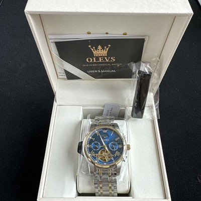 Olevs Mens Luxury Watch Skeleton, Moon Phase, Silver/Gold Band, Blue Dial