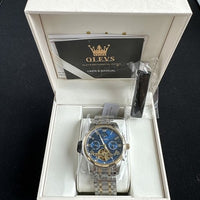 Olevs Mens Luxury Watch Skeleton, Moon Phase, Silver/Gold Band, Blue Dial