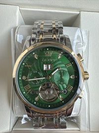 Olevs Men’s Watch Skeleton 5 Hands Gold/Silver Band, Green Dial