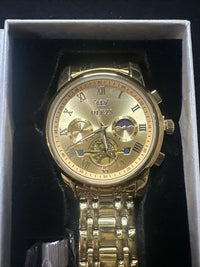 OLEVS Men Watch Mechanical Skeleton, Moon Phase, Gold Face, Gold Band