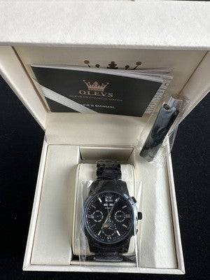 Olevs Mens Luxury Watch Moon Phase, Black Band, Black Dial