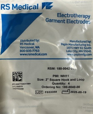 RS Garment Electrodes 2” Square Hook & Loop (Qty 4) RSM 180-0042-00