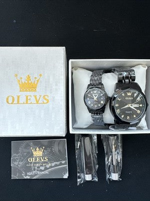 OLEVS Quartz Couple Pair All Black, Waterproof, Calendar