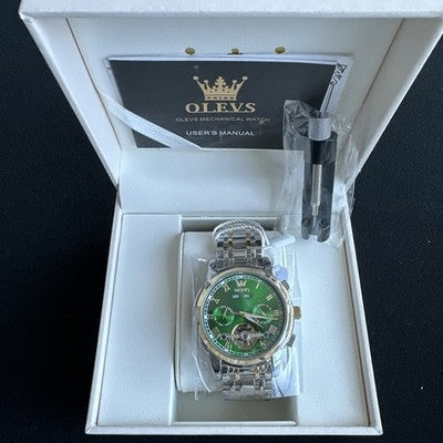 Olevs Mens Luxury Watch Skeleton, Day Date, Silver/Gold Band, Green Dial
