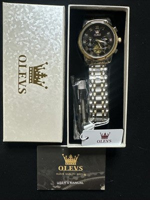 OLEVS Men Watch Mechanical Skeleton, Moon Phase, Black Face, Gold/Silver Band