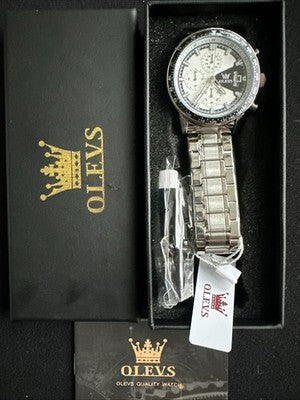 OLEVS Mens Tachymeter Watch White Face, Black Band, Day Date, Quartz