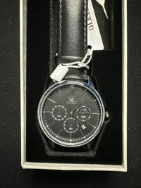 OLEVS Mens Watch Triple Dial, Silver/Black Face, Black Leather Band