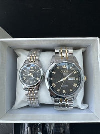 OLEVS Quartz Couple Pair Black Dial, Stainless Steel, Waterproof, Calendar