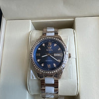 OLEVS Woman's Ceramics Band Zircon Case Day Auto Wrist Watches Blue Dial