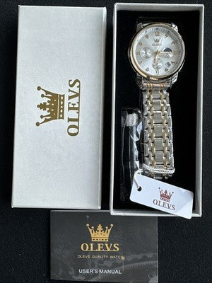 OLEVS Mens Watch Triple Dial, Pearl Face, Gold/Sliver Band, Diamond, Waterproof