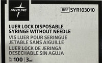 Medline 3mL Luer Lock No Needle REF SYR103010 Box of 100