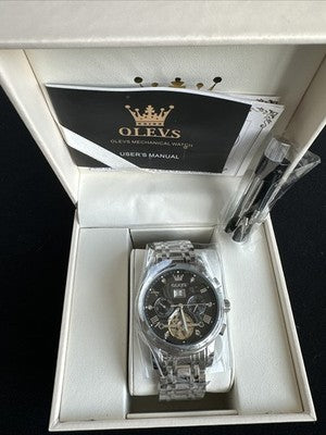 Olevs Men’s Watch Skeleton 5 Hands Silver Band, Black Dial