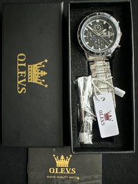 OLEVS Mens Tachymeter Watch Black Face, Silver Band, Day Date, Quartz