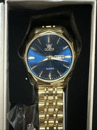 OLEVS Mens Watch Blue Face, Gold Band, Day Date, Quartz