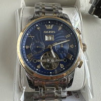 Olevs Men’s Watch Skeleton 5 Hands Gold/Silver Band, Blue Dial