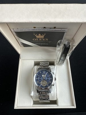 Olevs Men’s Watch Skeleton 5 Hands Silver Band, Blue Dial