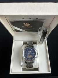 Olevs Men’s Watch Skeleton 5 Hands Silver Band, Blue Dial