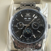 Olevs Mens Luxury Watch Moon Phase, Silver Band, Black Dial