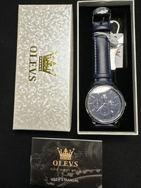 OLEVS Mens Watch Triple Dial, Blue Face, Blue Leather Band